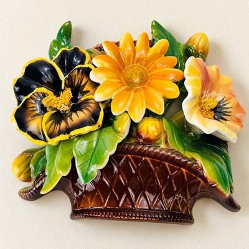 Vintage Ceramic Flower Basket Wall Plaque Yellow Floral Cottage Decor